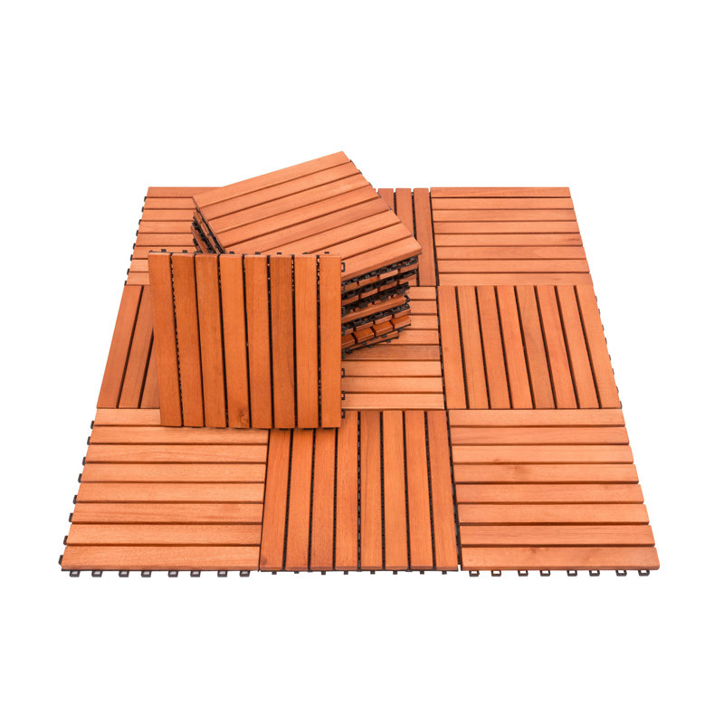 Slat Reddish Brown Wood Interlocking Deck Tile (Set of 10 Tiles)