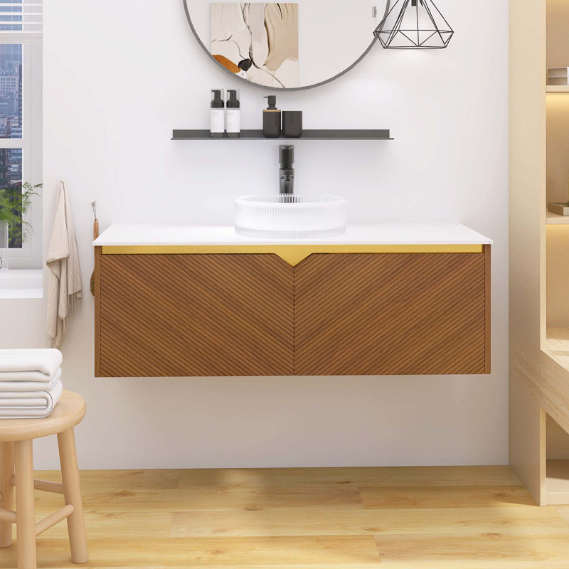 Meuble-lavabo mural en contreplaqué avec vasque, portes doubles en sergé avec garniture en métal