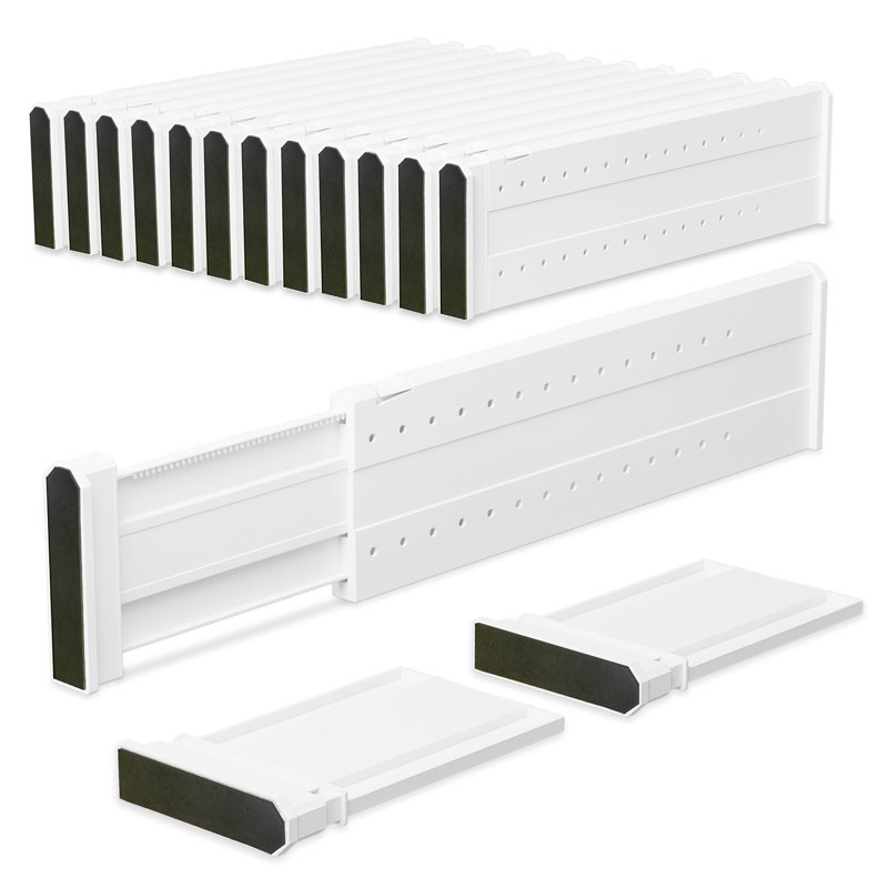 12 Pack Drawer Divider, 4" High, 15-21" Adjustable Drawer Dividers, Non-Slip Expandable Dresser Organizer for Baby Clothes, Bathroom, Bedroom, Kitchen and Office Storage, 12 Pack, White
