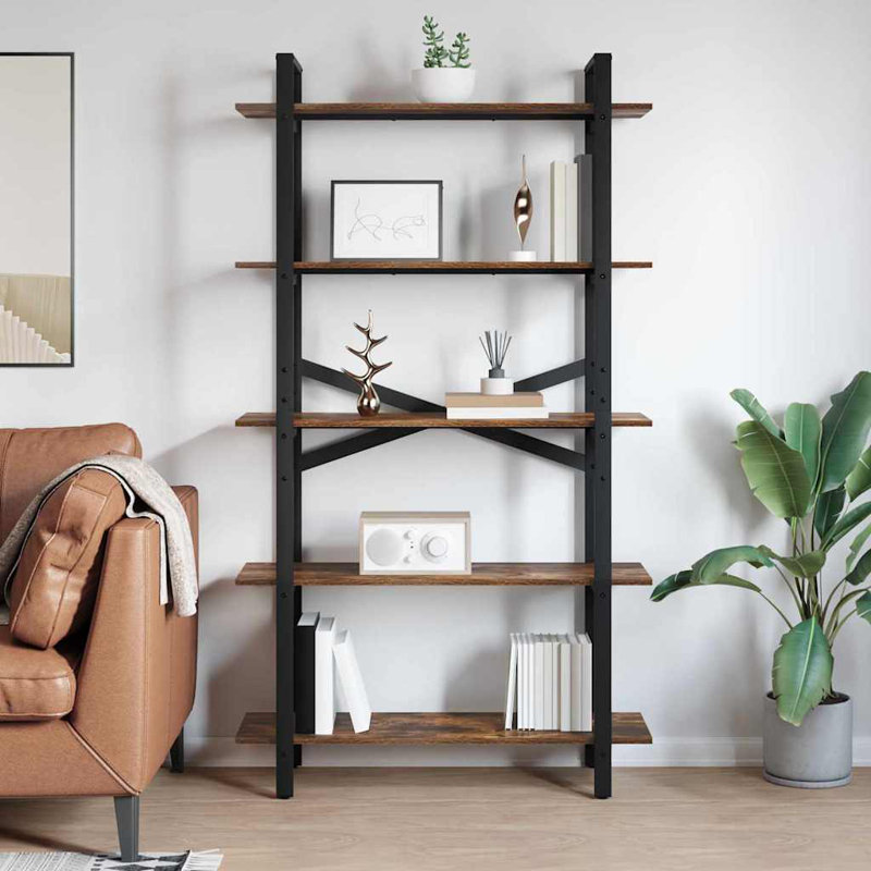 100cm W Steel Etagere Bookcase, (5 Shelves) 178cm. H x 100cm. W x 33.5cm. D, Smoked Oak
