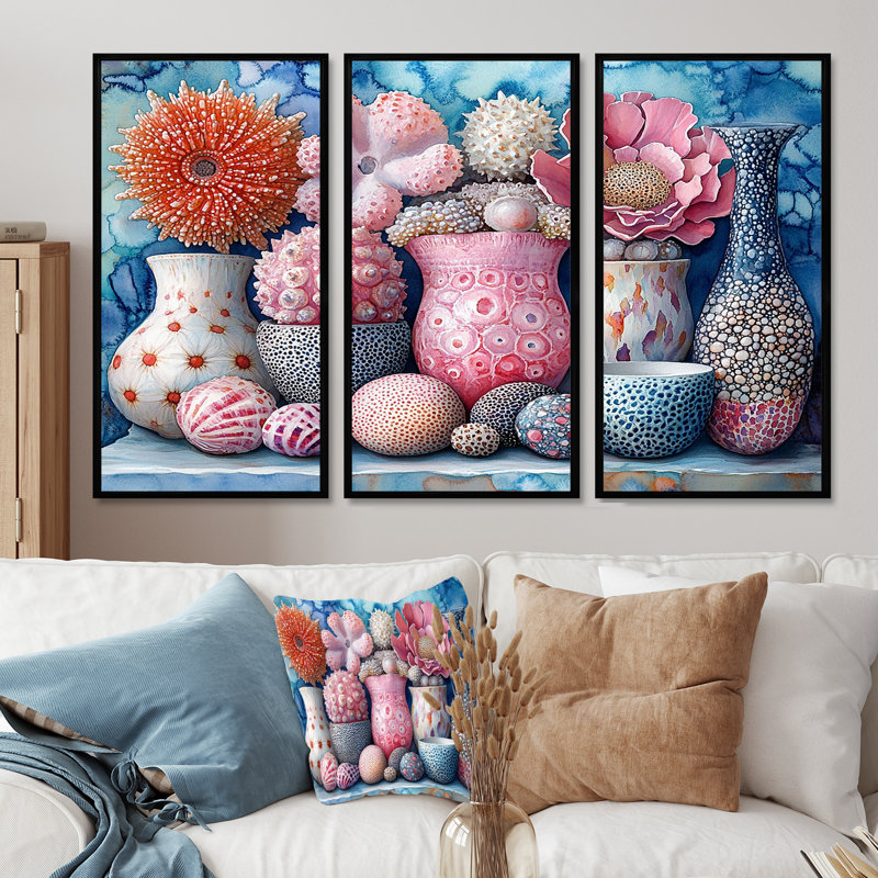 «Pink Oceans Edge Of Wonder Pottery», ensemble de reproductions d'art mural, Toile avec cadre flottant noir