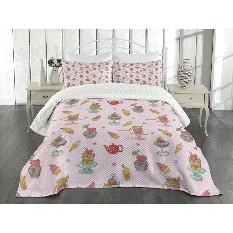 Ambesonne Ice Cream Bedspread Set Teapots Cookies Multicolor, Queen Bedspread + 2 Standard Shams