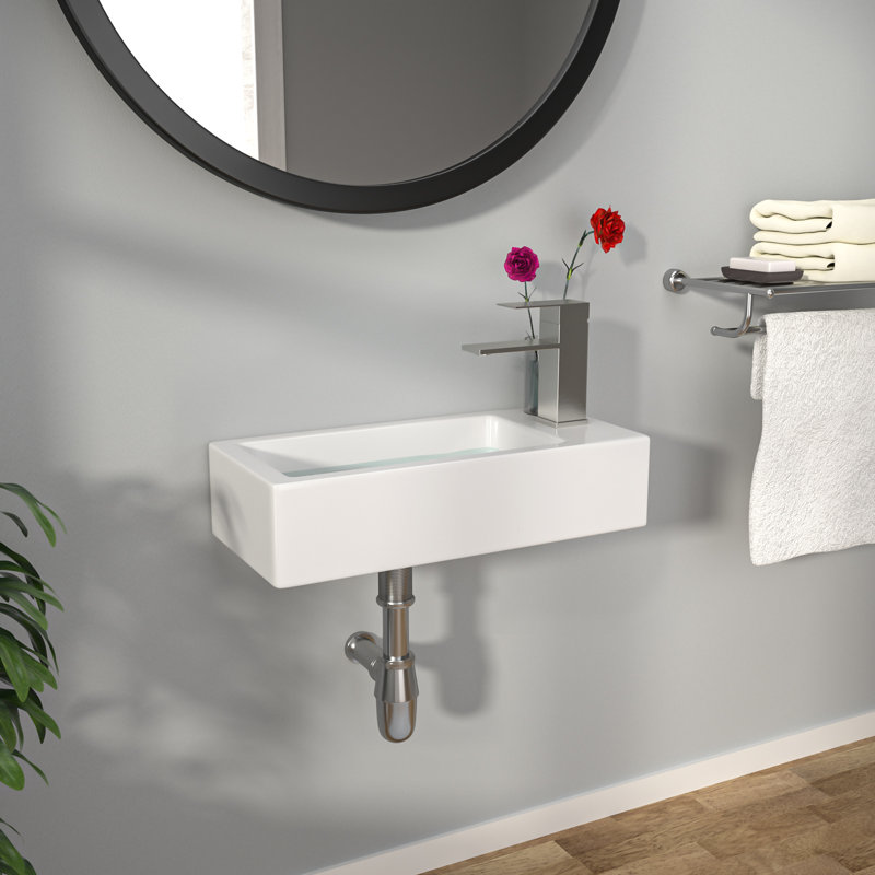 14.5" L x 7'' W Ceramic Wall-Mounted Bathroom Sink, Rectangular Small Vessel Sink with Right Faucet Hole, Compact Floating Vanity Basin for Bathroom Room