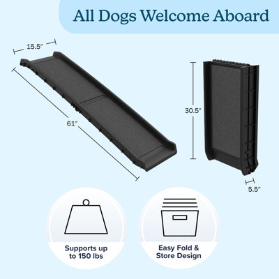 PETMAKER 61" Dog Ramp for Cars, Trucks, SUVs – Portable Foldable Nonslip Pet Ramp with Raised Side Rails, Durable Polypropylene Plastic, Easy Storage & Travel, Supports Up to 150 lb, Black
