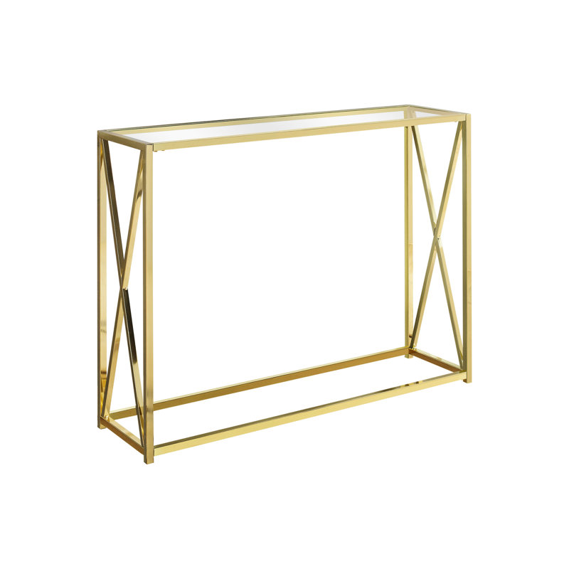 Console étroite avec plateau en verre trempé épais et transparent et métal doré poli, élément de décoration multifonctionnel pour le salon