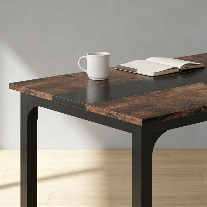 Bureau d'ordinateur brun patiné avec cadre en métal noir et rayures décoratives pour espaces de travail rustiques, Brun