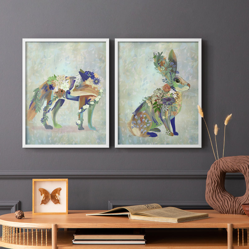 Fantastic Florals Fox, debout, impression encadrée de qualité supérieure - prête à être accrochée - aucun clou requis - aucun clou requis