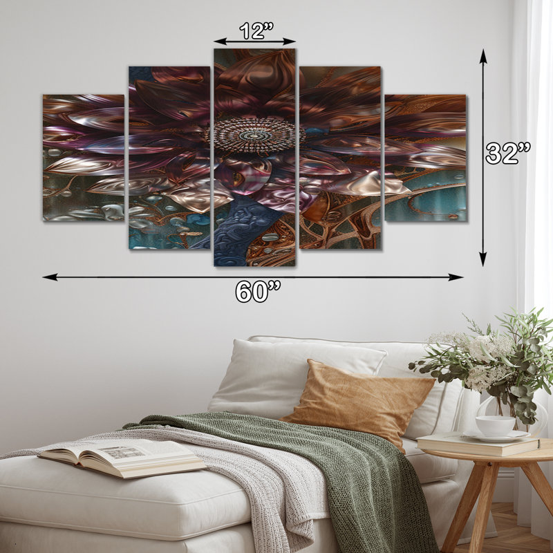 Mystérieuse fleur de dahlia rétro sur turquoise II - Dahlia Wall Art Living Room - 5 panneaux