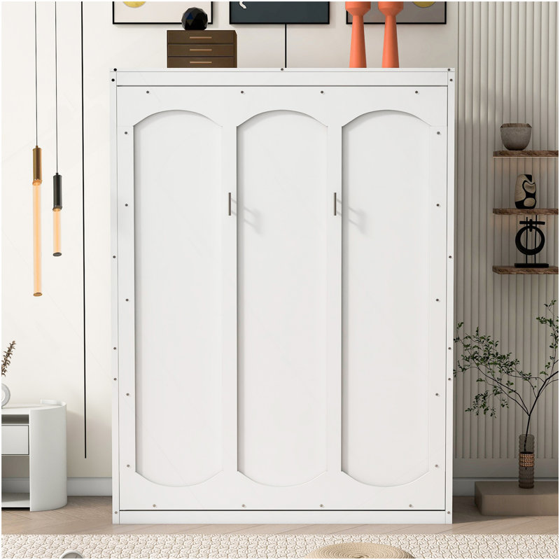 Lit escamotable double pleine grandeur avec tablettes, blanc
