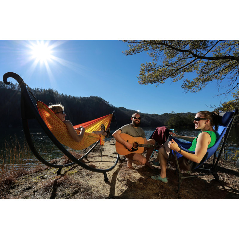 Charcoal Steel Outdoor Hammock Stand with Teal and Yellow Hammock