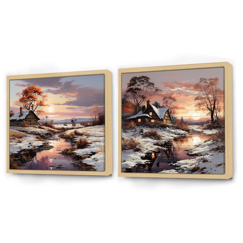 «Sunrise Winter Country Panorama», 2 pièces, Cadre flottant brun, H 36 po x l 73 po