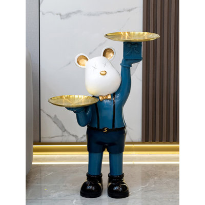 Creative Cartoon Bear Figurine Floor Sculpture with Two Serving Trays for Apartment Sofa Corner Hallway Decor
