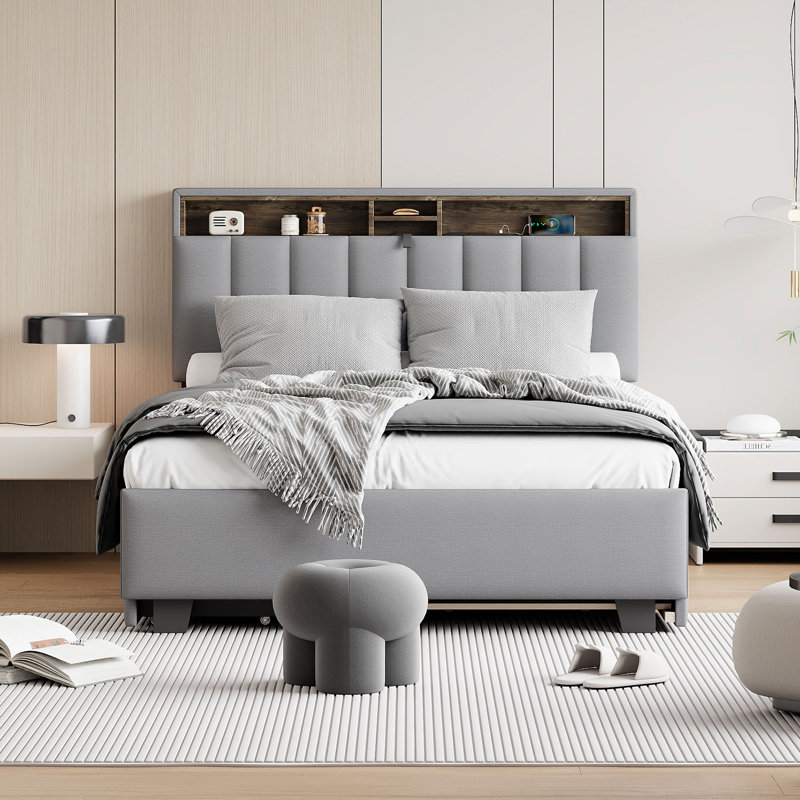 Lit plateforme tapissier pleine grandeur avec tête de lit, gigogne simple, 2 tiroirs et prises USB, tissu en lin, gris, Gris