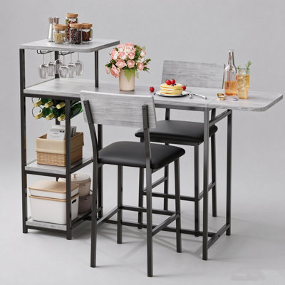 Expandable 3-Piece Bar Dining Set, Modern Table & 2 Bar Stools with Storage Shelves & Wine Rack for Small Kitchen, Apartment & Living Room