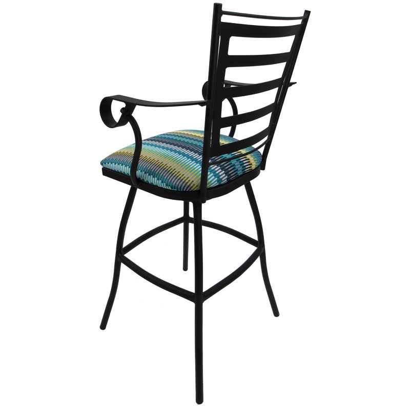 Tabouret de patio d'extérieur 35 po avec coussin Chazz, Thermolaquage noir, Bande ensoleillée turquoise