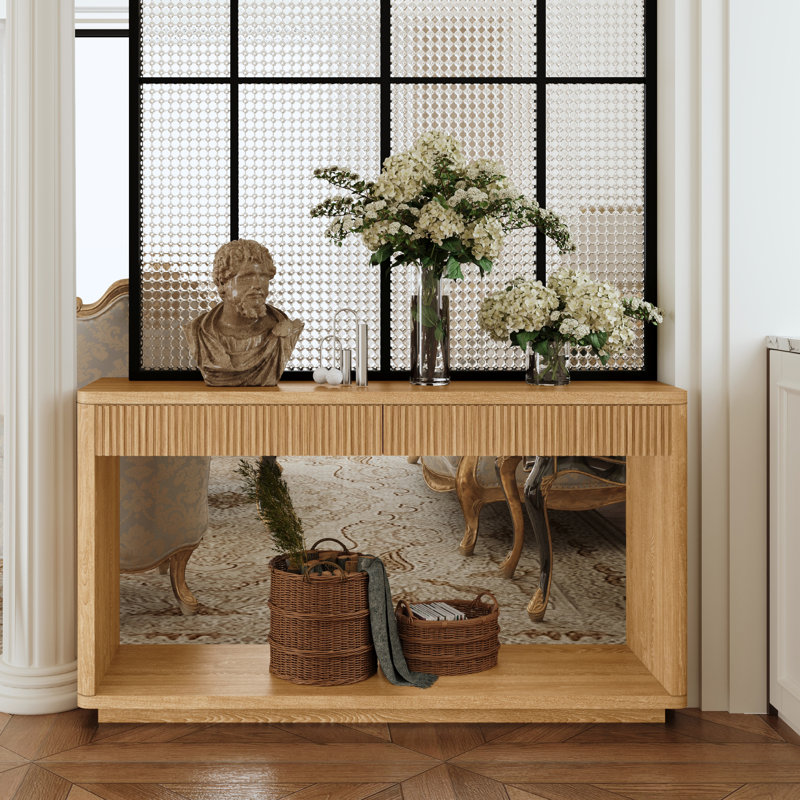Console de 60 po avec placage en bois massif et 2 tiroirs, Naturel
