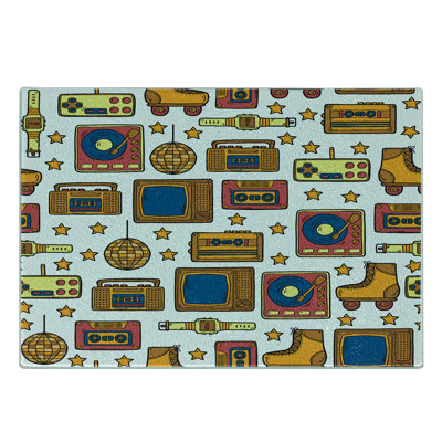 Ambesonne Vintage Tempered Glass Cutting Board 90s Theme Retro Fun Items Mustard