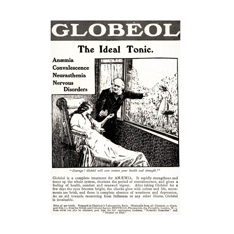 «English School Globeol Tonic», art des années 1890, H 19 po x l 12 po