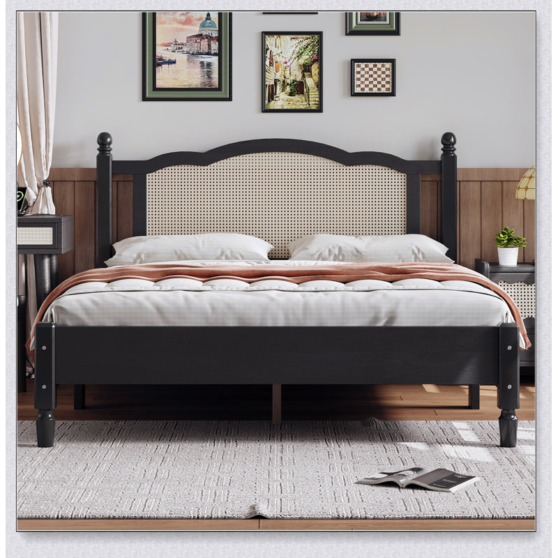 Grand lit plateforme en bois avec tête de lit en rotin naturel, cadre de lit rétro, Noir