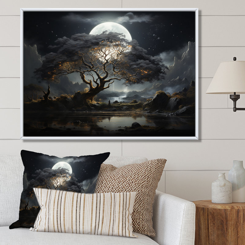 «Grey Tree Essence of Light - Trees», art mural, H 30 po x l 40 po x P 1,5 po, Cadre flottant blanc