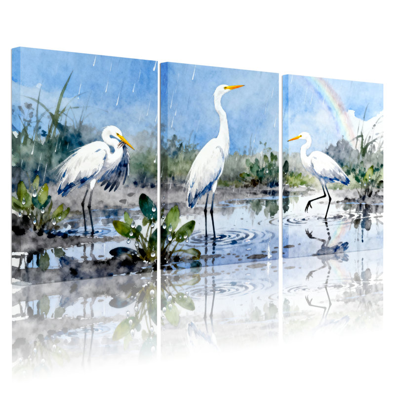 Ensemble de 3 tableaux muraux sur toile tendue, représentant un héron à l'aquarelle, H 30 po x l 60 po
