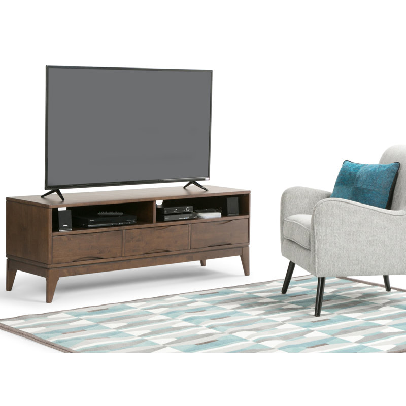 Harper 60"W Solid Wood Mid-Century Modern TV Stand for TVs up to 65" with 3 Drawers and Open Shelves, Walnut Brown