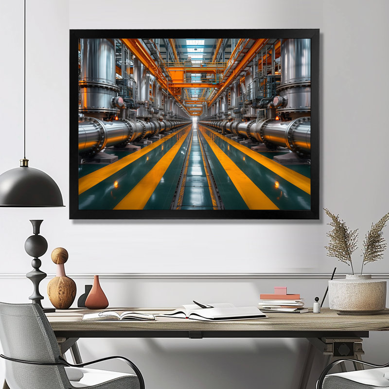 Tuyau industriel jaune, gris, industriel et monochrome, Toile encadrée noire simple, H 30 po x l 40 po x P 1,5 po