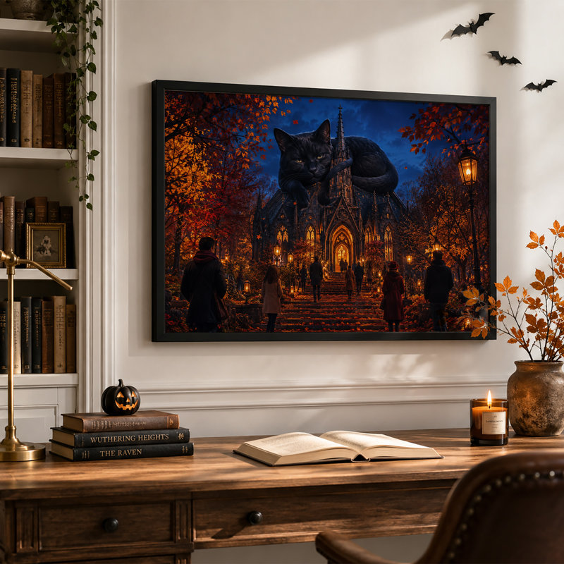Chat noir géant perché sur une cathédrale gothique, toile murale d'Halloween, 24"H x 36"W