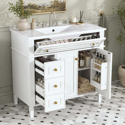 Bathroom Vanity With Sink Solid Wood Cabinet With Flip-Out Drawer, 3 Drawers And 2 Soft-Close Doors, Handles & Modern Design