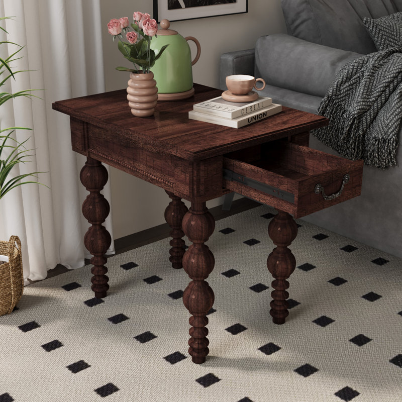 Table de bout vintage en bois d'hévéa avec tiroir et conception à bulles, Espresso