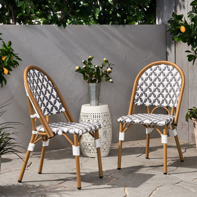 Ensemble de 2 chaises d'extérieur pour 2 personnes, PE et aluminium, design français, gris et blanc, structure rouille, style bistro, antirouille