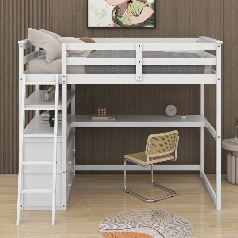 Lit mezzanine simple avec bureau et tablettes, Blanc