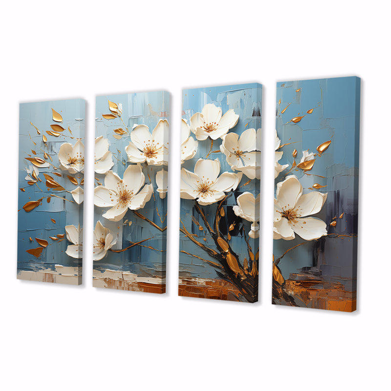 Orchidée bleue et blanche Golden Of Branches IV - Ensemble d'art mural 4 pièces, H 32 po x l 64 po