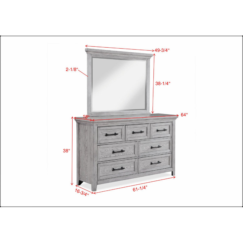 Commode contemporaine en bois gris clair avec sept tiroirs spacieux et poignées en métal pour les chambres à coucher modernes