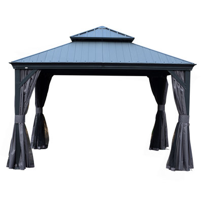 12'x12' Hardtop Gazebo with Resin Roof, Outdoor Metal Gazebo with Drainage Gutters, Permanent Heavy Duty Pavilion for Patio, Backyard and Deck, Curtains and Mosquito Netting Included