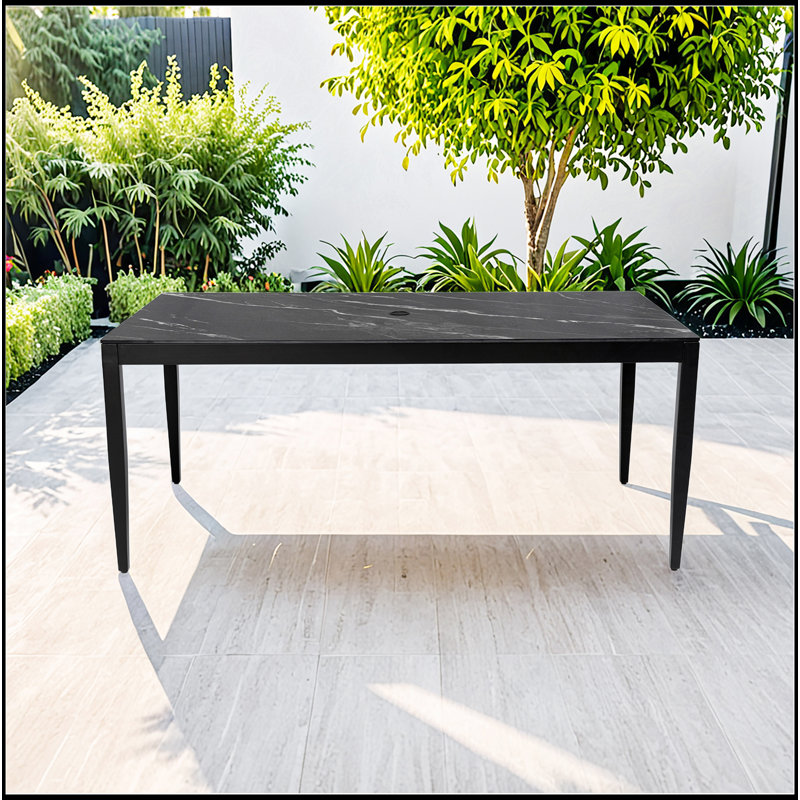 Outdoor Modern Patio 35.5X71 Inch Aluminum Dining Table, Sintered Stone Top, Weatherproof And Rust-Free, Seats Six