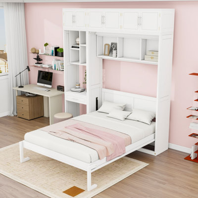 Wooden Murphy Bed with Desk, Storage Shelves and Top Cabinet