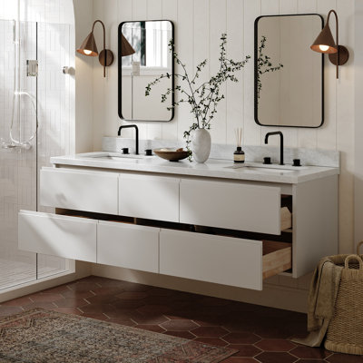   Setsuko 73 Inch Wall-Mounted Double Rectangle Sink Bathroom Vanity with Carrara White Marble Countertop 1.5 Inch in Warm White