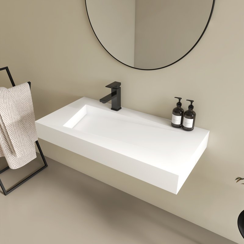 35" Wall-Mount Bathroom Sink V-Shaped Floating Durable Sink Stone Resin With  Faucet Hole