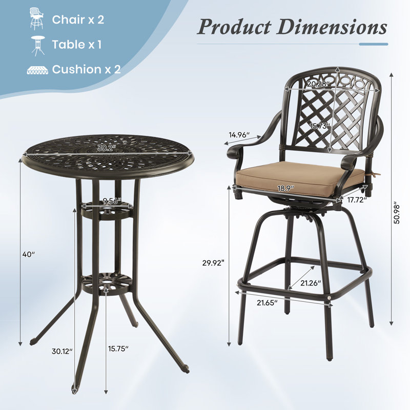 3-piece Cast Aluminum Patio Bar Set, Outdoor Round High Top Table With 2.17” Umbrella Hole & 2 Swivel Bar Chairs With Cushions, All-weather Bistro Table And Chairs Set For Patio, Lawn & Garden