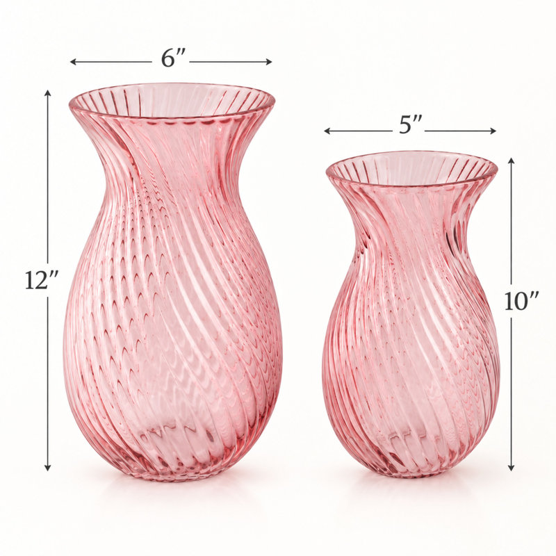 Fleurine Frosted Tulip-Shaped Textured Glass Table Vase Set of 2, Colored Glass, Pink, Pink