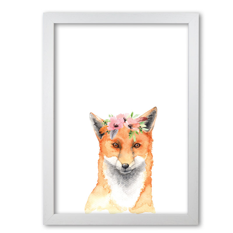 Forest Friends, Floral Fox - Painting, White Grain Frame, 60 cm H x 42 cm W x 5 cm D