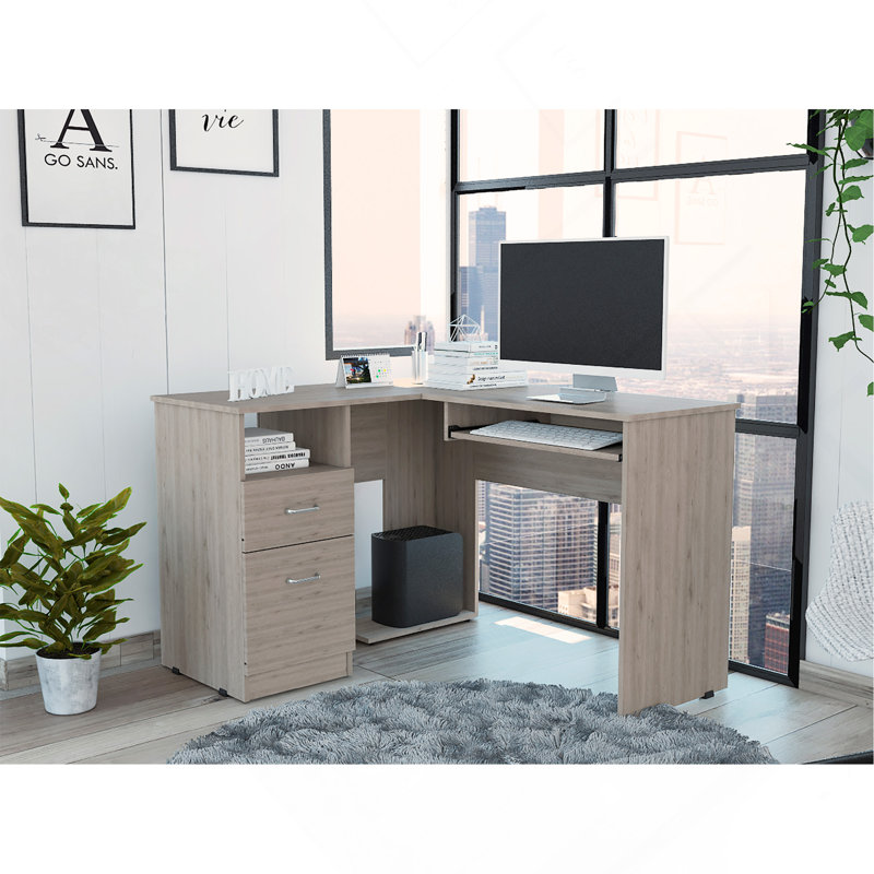Bureau mixte en forme de L, plateau à clavier, deux tiroirs, tablette ouverte simple, Gris clair