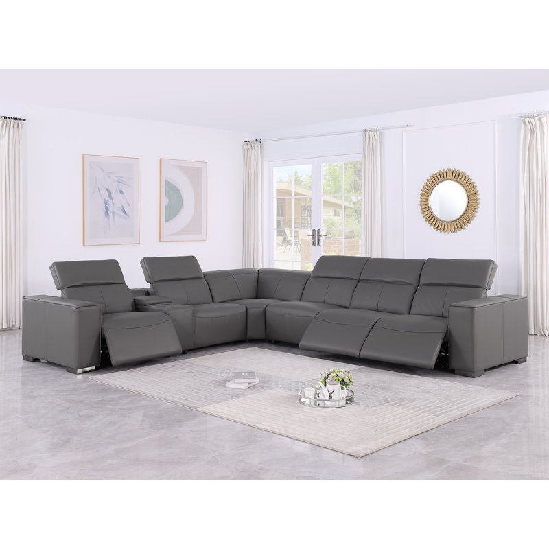 Torrance Luxurious Genuine Leather 7-Piece Sectional With 3 Power Reclining Seats & Power Headrest, Gray