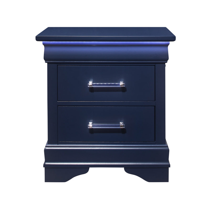 Blue Spacious Nightstand With Led - Transitional Look 2 Spacious, Solid &