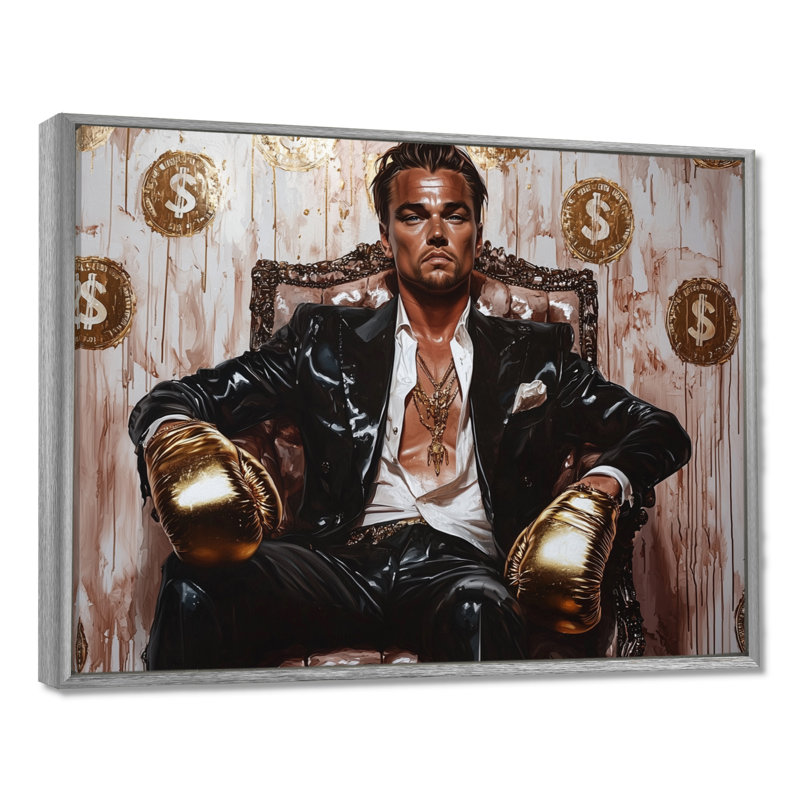 Loup de Wall Street noir - Boxer, H 16 po x l 32 po, Encadrement argenté