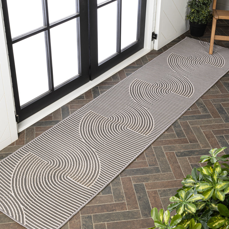 Donatienne Mid-Century Curve Stripe Reversible Machine-Washable Dark Gray/Cream Indoor/Outdoor Rug, Runner 2' x 8'