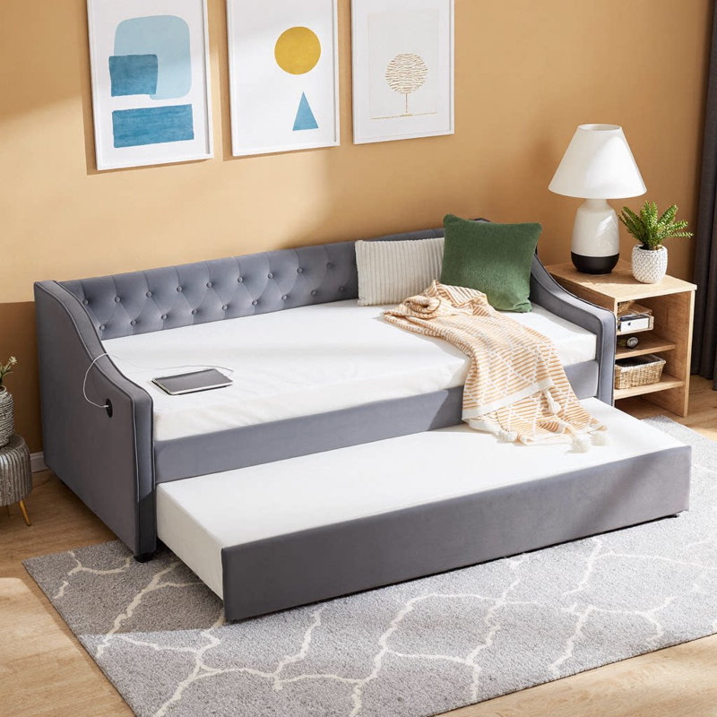 Velvet Daybed with Trundle, USB Port & Side Pockets | Button Tufted Back, Waved Arms with Piping | Space‑Saving Sofa Bed for Bedroom, Guest Room, or Living Room