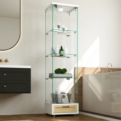 Vitrine moderne en verre avec tiroir, armoire antique à assemblage rapide avec lumières DEL, bibliothèque en verre trempé, armoire de rangement à 1 porte avec 4 tablettes pour le salon et la chambre à coucher