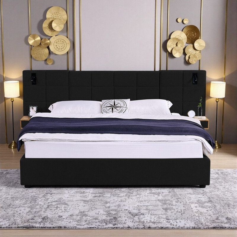 Très grand lit de rangement très grand avec tête de lit à DEL et charge USB, lit plateforme tapissier en velours